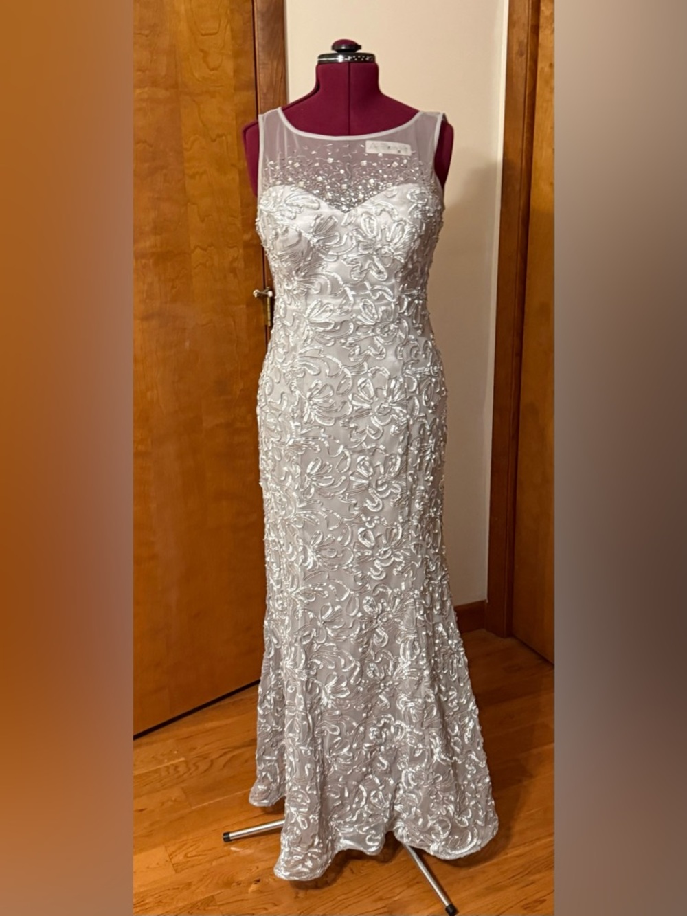 Strapless Silver Sequin Floral Evening Dress